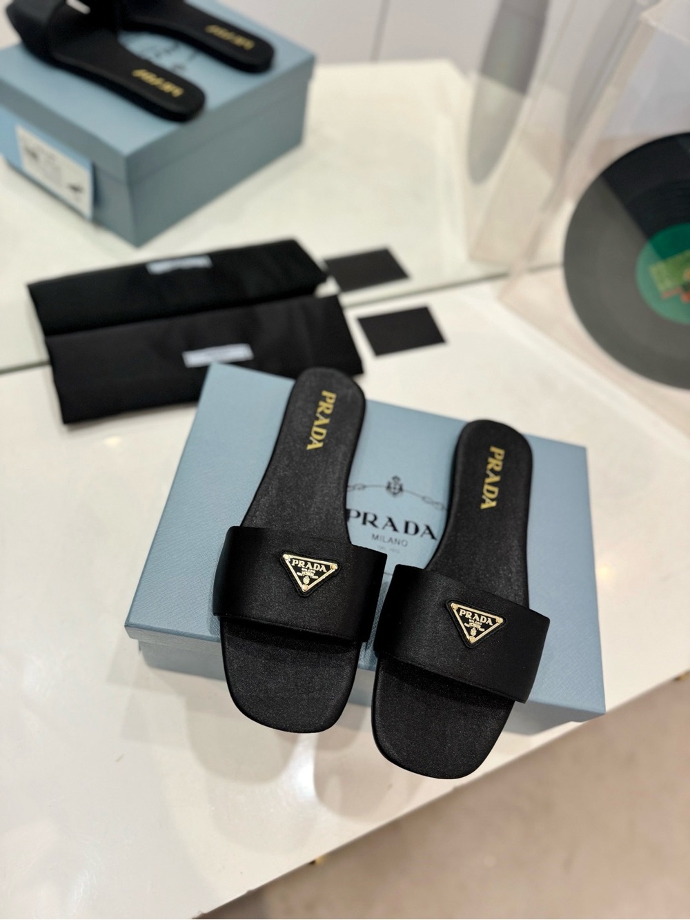 Prada Black Logo Triangle Slide Sandals for Women